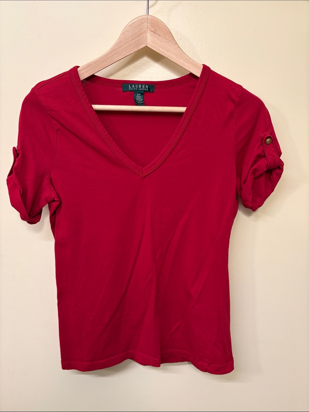 Lauren Ralph Lauren Red V-Neck Short Sleeve Tee with Tab Sleeves